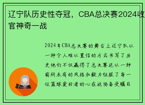 辽宁队历史性夺冠，CBA总决赛2024收官神奇一战